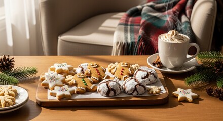Cozy Holiday Scene with Freshly Baked Christmas Cookies and Steaming Hot Cocoa