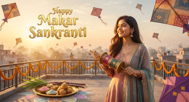 Young woman celebrating makar sankranti festival with kites and sweets