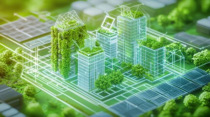 Futuristic digital blueprint of a sustainable eco friendly city with high rise buildings renewable energy sources and lush vegetation integrated into the urban landscape