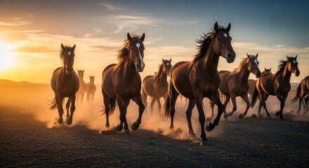 Wild Horses Galloping Across Dusty Plains at Golden Sunset