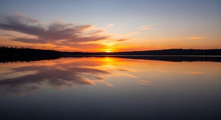 Obraz premium Beautiful nature landscape with a colorful sunset sky reflecting on calm river water