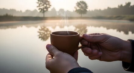 Hands holding steaming coffee cup by misty lake illustration