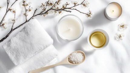 A tranquil and inviting spa like scene featuring natural elements such as flowers branches and calming aromatherapy candles and oils creating a soothing and rejuvenating ambiance