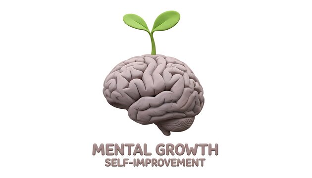 3D cartoon pastel brain with a small green plant sprouting from the top, symbolizing growth and creativity, soft tones and clean shadows, isolated on white background. - Powered by Adobe