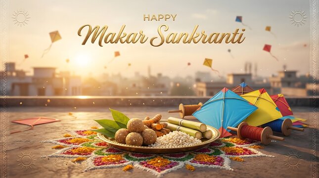 Makar sankranti festival celebration with kites and traditional food on a rooftop at sunset