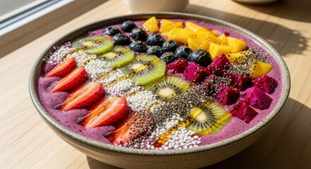 Vibrant and Healthy Smoothie Bowl with Fresh Fruits and Seeds on Wood Table