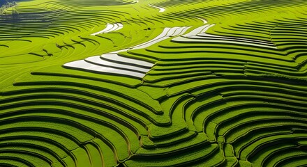 Beautiful green fern leaves pattern the spring landscape of a tea plantation in rural Asia