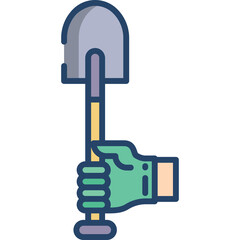 Hand Wearing Green Glove Holding Gray Shovel With Yellow Handle And Purple Base On White Background
