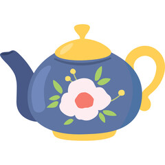 Decorative Blue Teapot With Yellow Lid Handle And Base Adorned With Pink Floral Motif And Green Leaves Isolated On White Background