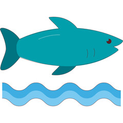 Illustration of a Teal Shark Swimming Above Wavy Blue Water on a Transparent Background