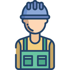 Flat Style Icon of a Construction Worker Wearing a Blue Hard Hat and Green Overalls with a Yellow Shirt on a Transparent Background