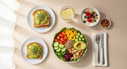 Overhead Shot of a Vibrant, Healthy Breakfast Spread with Avocado Toast and Salad
