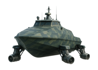 Camouflaged floating armored vessel with retractable water jets.
