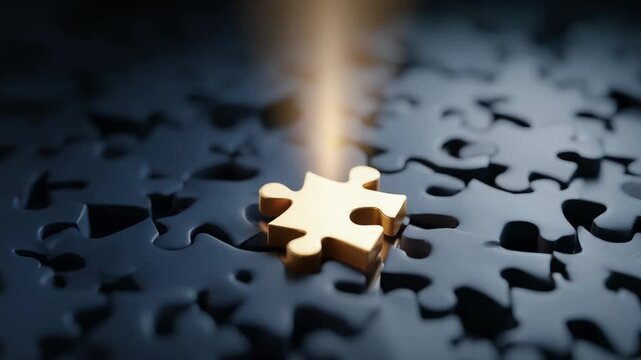 Golden puzzle piece shines among dark blue puzzle pieces solution concept