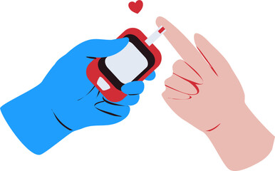 Diabetes test illustration. Checking blood sugar level with glucometer. World Diabetes Day.