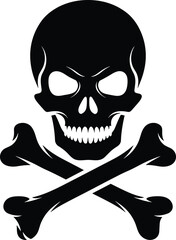 Black human skull and crossbones silhouette, pirate flag symbol, danger poison warning sign, Halloween icon, isolated on white, cad drawing flat vector illustration.