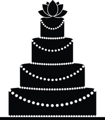 Black silhouette of four tier wedding cake with pearl decoration and lotus topper vector illustration isolated on white background celebration party dessert.