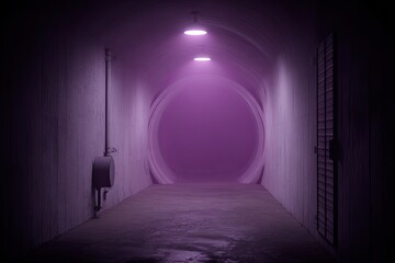 Tunnel end with bright purple light at the opening, dark corridor