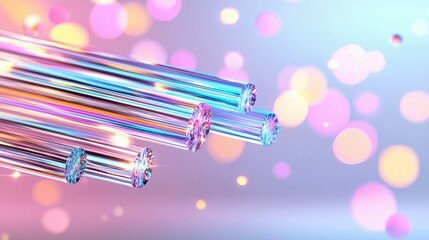 Macro shot of multiple translucent fiber optic cables with colorful light reflections, set against a soft, blurred background of pink and yellow bokeh lights.
