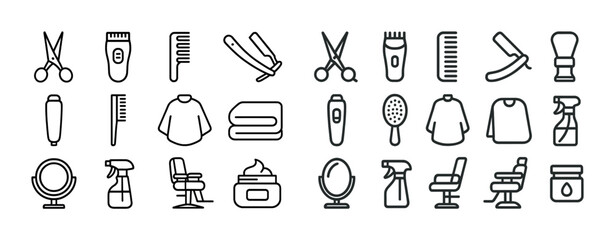 Barber and grooming tools icons set including scissors and mirror
