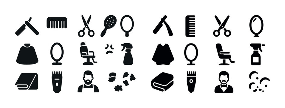Barber and salon tools: scissors, comb, mirror, razor icon set