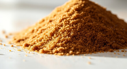 Close up of a pile of brown sugar granules illuminated by a bright light on a white surface
