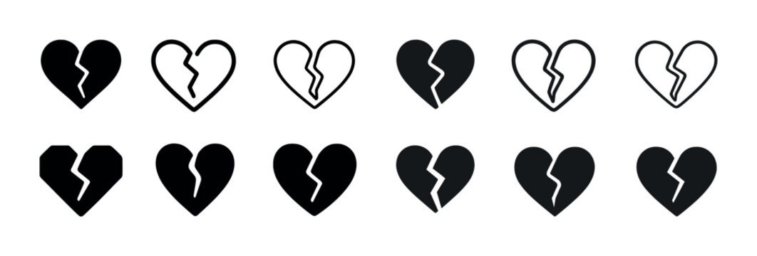 Heartbreak icon set: diverse broken heart designs in various styles