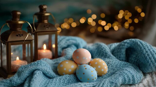 Warm Easter setting with candles, lanterns, and painted eggs