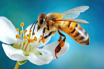 Honeybee gathering pollen from a white flower, blue background