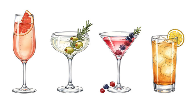 Collection of four elegant watercolor cocktails with garnishes isolated on white background