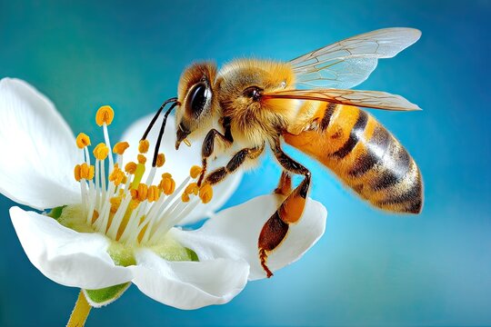 Honeybee gathering pollen from a white flower, blue background - Powered by Adobe