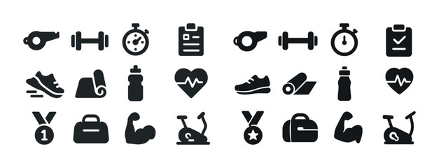 Fitness icons set: equipment, exercise, health, sport, gym tools