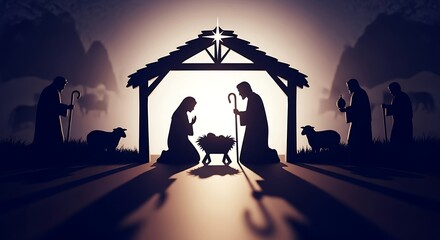 Sacred Birth Scene: A solemn silhouette captures the nativity scene, showcasing a humble manger at the heart of the picture, Mary and Joseph paying their respects to Jesus.