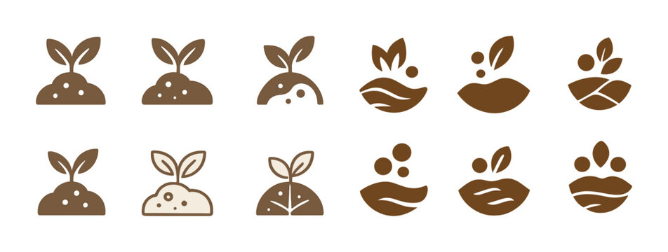Stylized brown plant icons set with leaves and soil elements