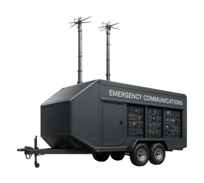 Emergency comms trailer featuring radio masts and control panels.