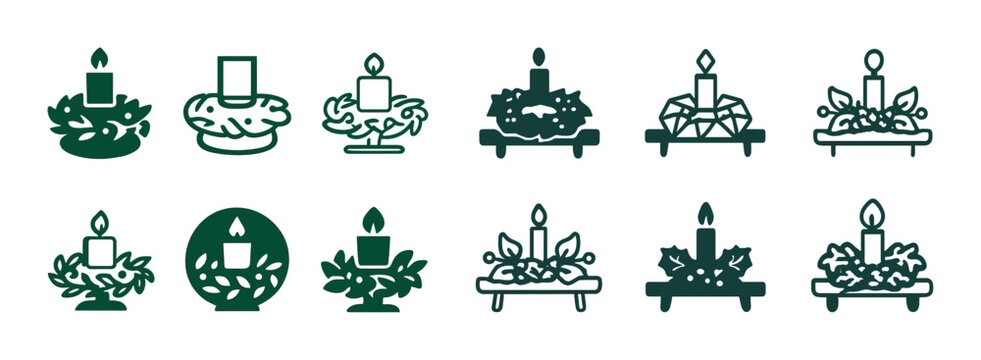 Candle icon set with holiday wreaths and holders