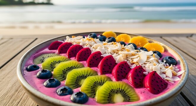 A vibrant tropical smoothie bowl with fresh kiwi, dragon fruit, and blueberries on a wooden table overlooking a sandy beach.