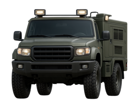 Field operations vehicle with built-in generator and outside lighting.