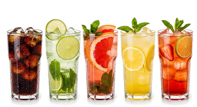 Five tall glasses filled with refreshing cold drinks and ice isolated on white background