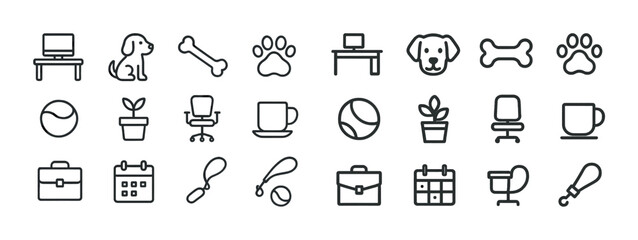 Office and pet line icons: desk, chair, dog, bone, paw, plant, mug, ball, calendar