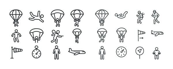 Skydiving icons: parachute, airplane, freefall, timer, windsock