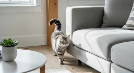 Silver Tabby Cat Walking on Wooden Floor in Modern Sunlit Living Room