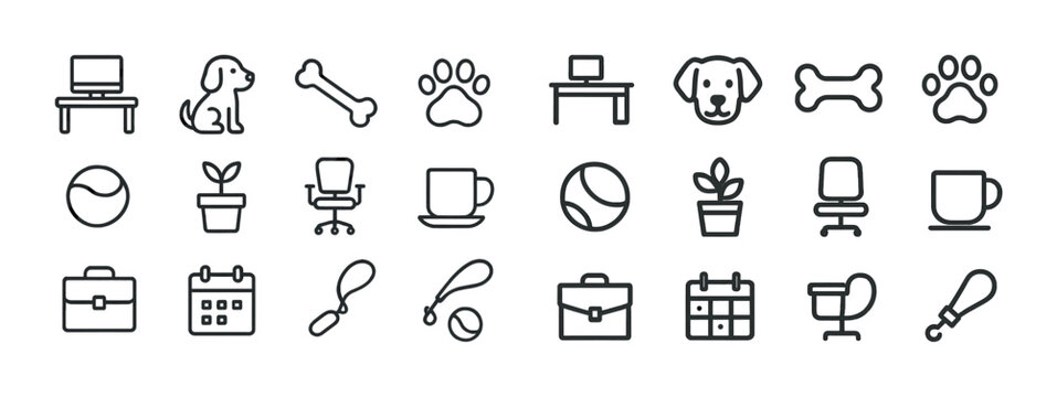 Office and pet line icons: desk, chair, dog, bone, paw, plant, mug, ball, calendar - Powered by Adobe
