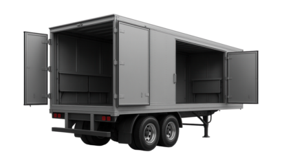 Logistics trailer featuring side doors and foldable tables for easy access.