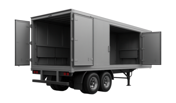 Logistics trailer featuring side doors and foldable tables for easy access.