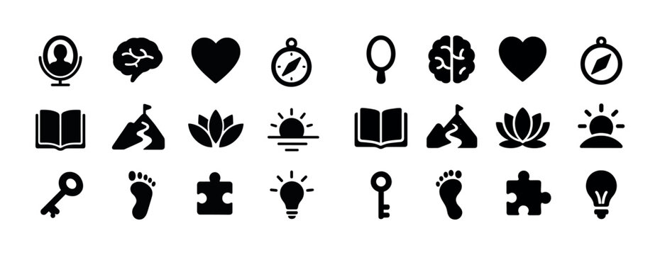 Collection of minimalist icons: brain, heart, compass, book, puzzle, key, lightbulb, sunrise, lotus