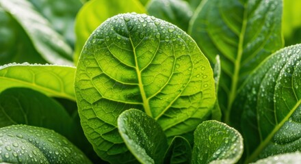 Vibrant Green Leaf with Glistening Water Droplets in Close up View