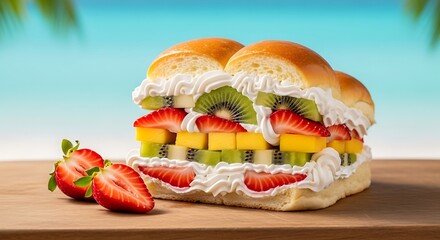 A Japanese fruit sandwich filled with whipped cream, strawberries, kiwi, and mango on a wooden board with a tropical beach background.