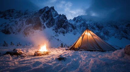 A glowing tent and campfire illuminate a snowy mountain campsite at dusk, set against towering peaks and a dramatic night sky.