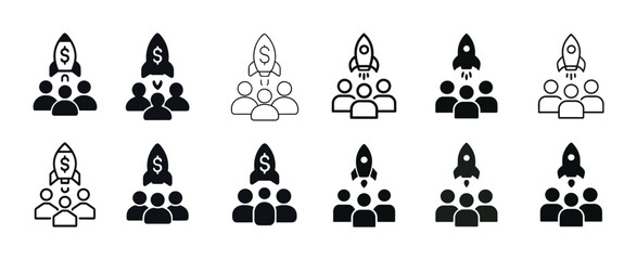 Business growth icons set with people and rocket launch symbols